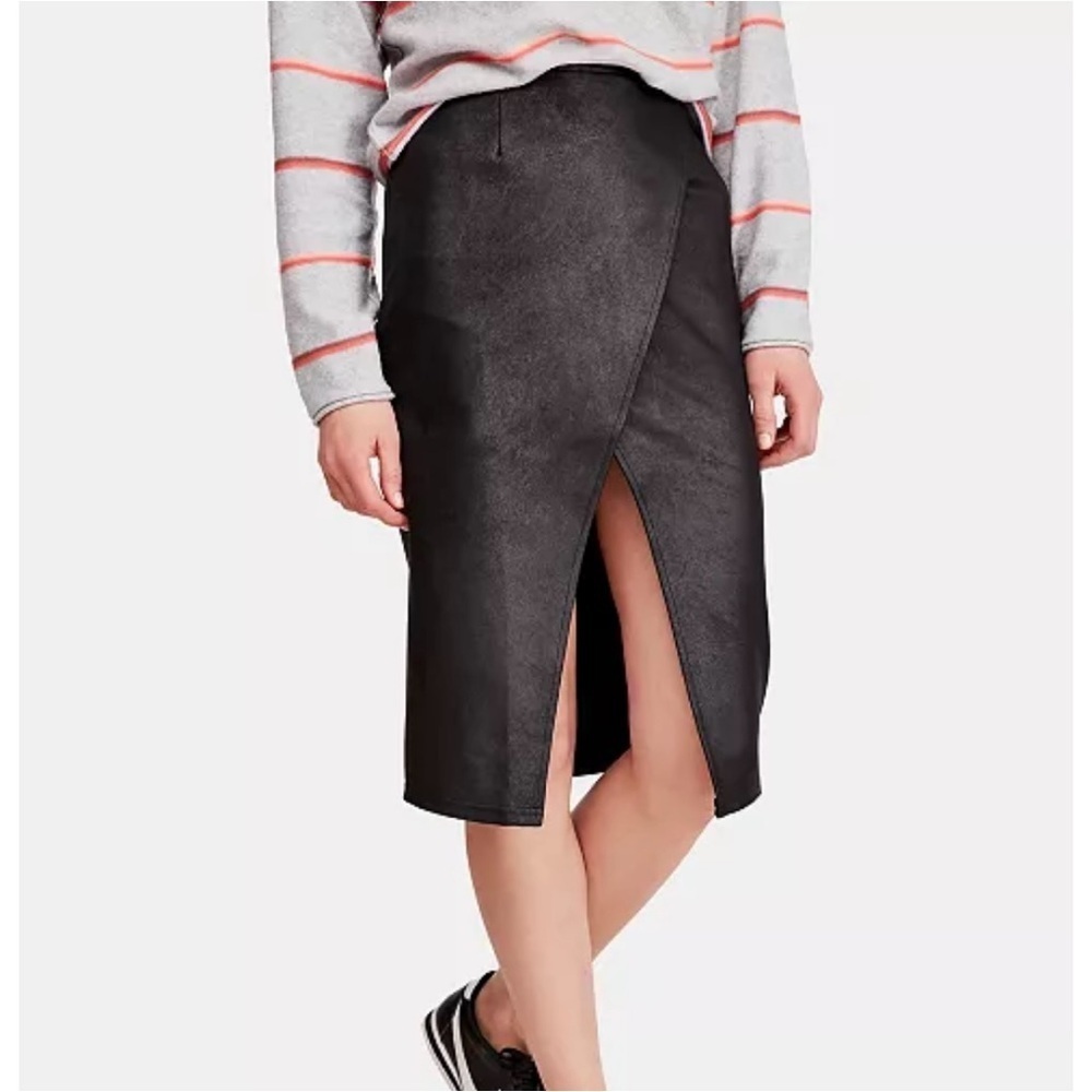 Free People Whitney Soft Faux Leather Pencil Skirt Black Front Slit Wrap Knee M